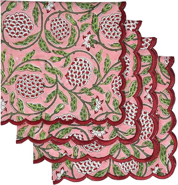 Ridhi Hand Block Print Strawberry Pink 18" x 18" (Set of 4) Embroidery Table Napkins Reusable Cotton Dinner Napkins for Weddings, Parties, Everyday Dining Gift for Spring, Easter, Valentine