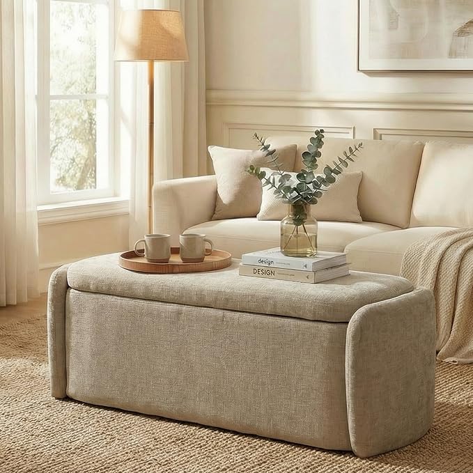VKNOW 46" Oval Storage Ottoman Bench, Upholstered End of Bed Bench Ottomans Bench Foot Rest, Sherpa Storage Bench for Bedroom, Living Room and Hallway, Light Brown