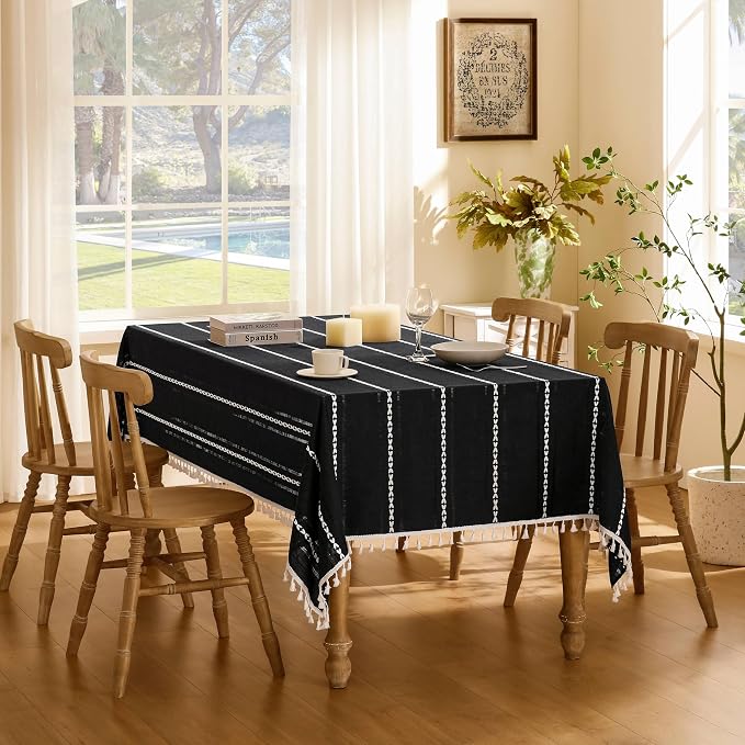 ZeeMart Hemstitched Embroidery Striped Boho Tablecloth 60x84 Inch Black, Heavy Weight Farmhouse Burlap Linen Black Tablecloth, Wrinkle Resistant Washable Table Cloth for Rectangle Table ﻿