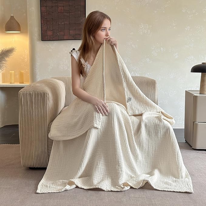 Simple&Opulence 100% Cotton Muslin Blanket Queen Size, Lightweight Breathable 4 Layering Gauze Blanket for Bed Couch Camping, Soft Bedspread Coverlet All-Season Use (Off White, 88" x 92")