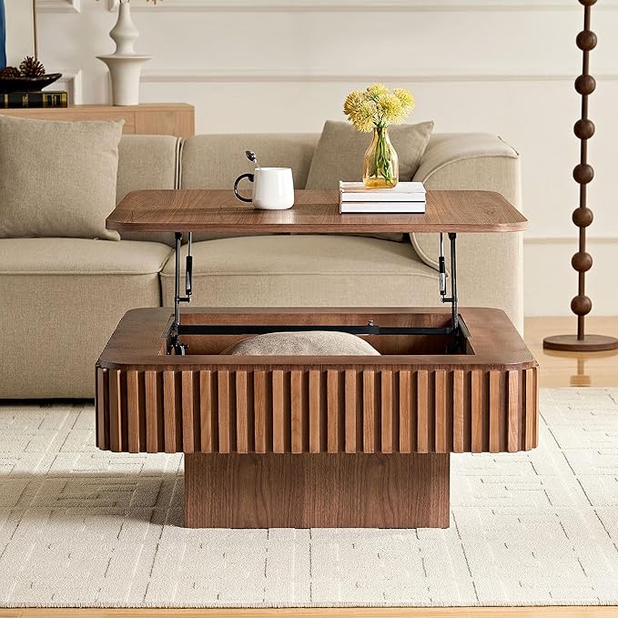 Square Lift Top Coffee Table with Storage for Living Room Office, Modern Fluted Coffee Table, 35.43" Wood Dining Center Tables with Large Hidden Space - Walnut