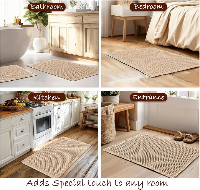 DWCN Set of 2 Waffle Boho Bathroom Mats, Non Slip Bath Rug Set for Bathroom Floor, Super Absorbent Shower Mats for Tub, Washable Kitchen Rugs for Farmhouse Home Decor, 16" x 24" Plus 24" x 60", Brown