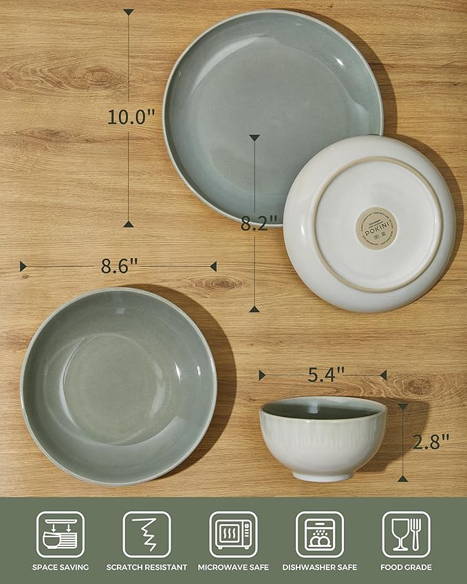 Pokini 32 Piece Double Bowl Dinnerware Sets with Pasta Bowls, Highly Chip and Crack Resistant Plates and Bowls Sets, Natural Earthyware Ceramic Dishware Sets, Service for 8 Gradient Green