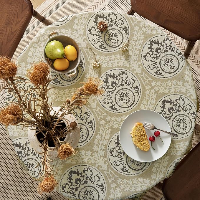 Retro Brown Printed Square Tablecloth: Floral Linen Farmhouse Table Cloth - Chocolate Damask Pattern on Burlap Textured Fabric Outdoor Table Cover for Kitchen,Dining,Party,Picnic Decor, 55x55 Inch