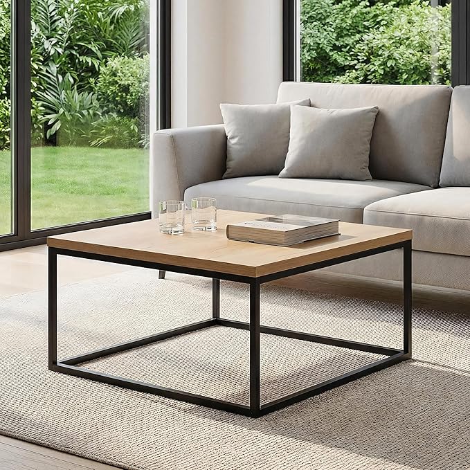 CENSI 30" Square Coffee Table, Natural Oak Light Wood Center Table for Living Room, Modern Industrial Farmhouse Cocktail Table, Extra Thick 1.2" Top with Sturdy Metal Frame, Scandi Style