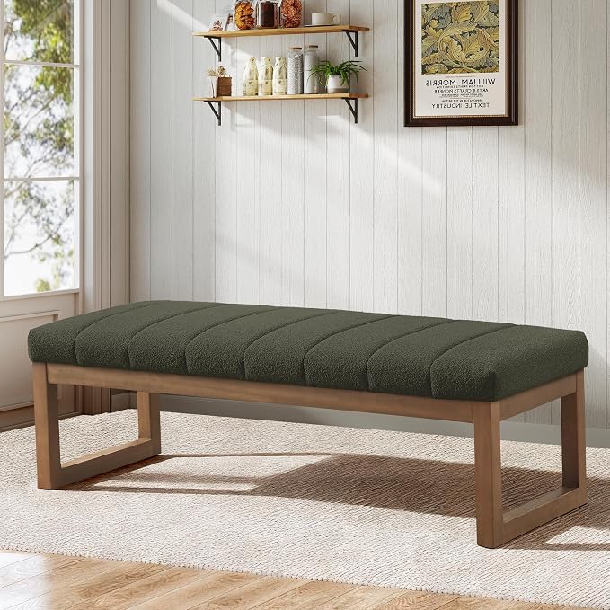 Zihanhome 52.7" Bedroom Bench for End of Bed, Modern Upholstered Teddy Fabric Entryway Bench & Dining Bench, Footrest Stool Bench with Solid Wood Frame for Bedroom, Living Room (Green)