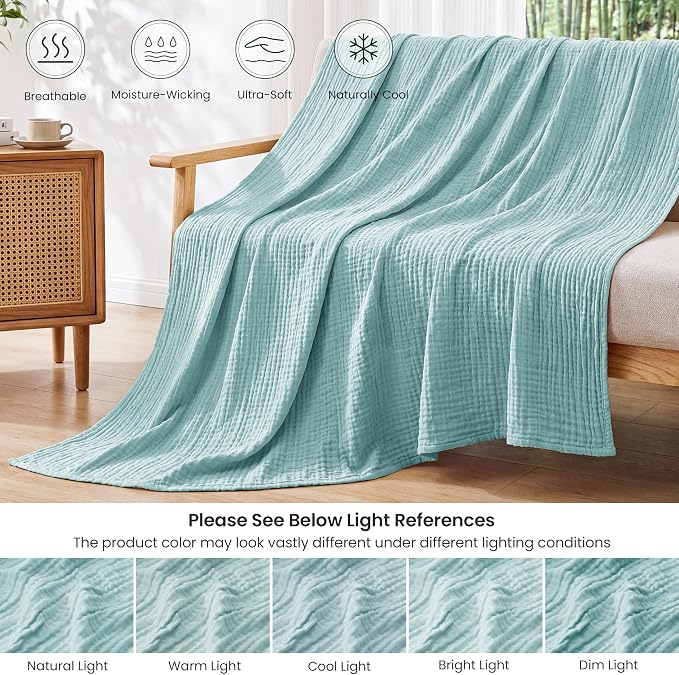 Love's cabin Cooling Muslin Throw Blanket, 50% Rayon Derived from Bamboo, 50% Cotton, 4-Layer Lightweight Breathable Summer Gauze Blanket for Couch Sofa Travel, Soft for Hot Sleepers, 50"x60", Cyan