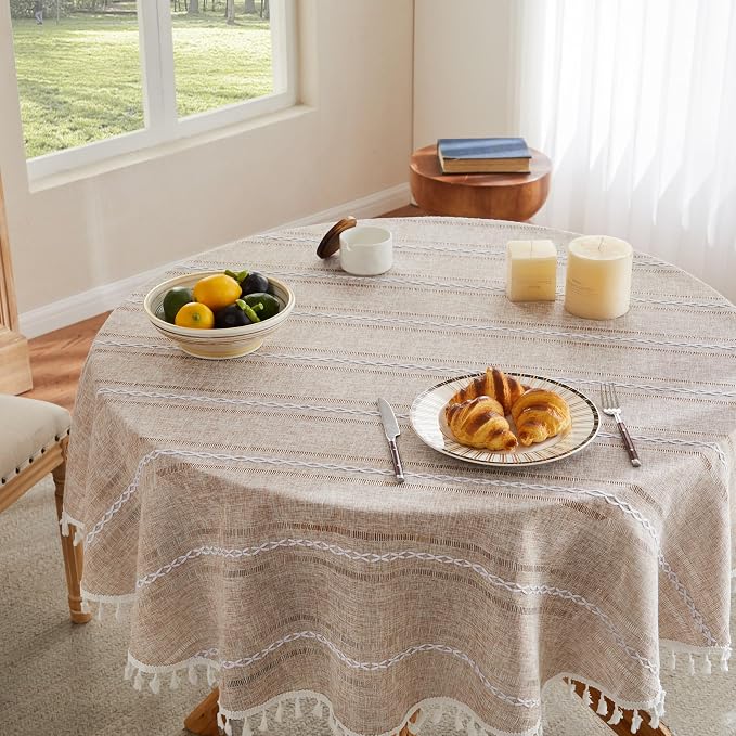 ZeeMart Hemstitched Embroidery Striped Boho Tablecloth 54 Inch Round Natural, Heavy Weight Farmhouse Burlap Linen Neutral Tablecloth, Wrinkle Resistant Washable Table Cloth for Round Table