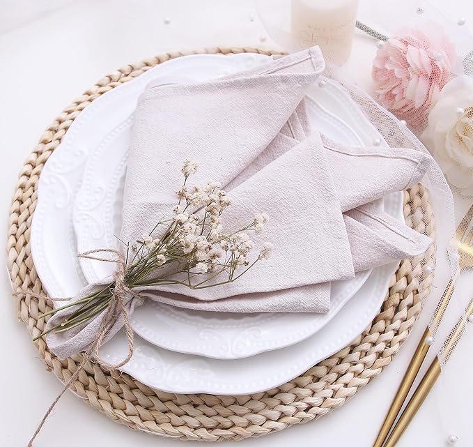 Dinner Cloth Napkins Bulk,100% Soft Cotton Linen Napkins,Washable Napkins with Hemmed Edges for Weddings Decorations,Family Event Parties,16”*16” (Natural, 12 Pack)
