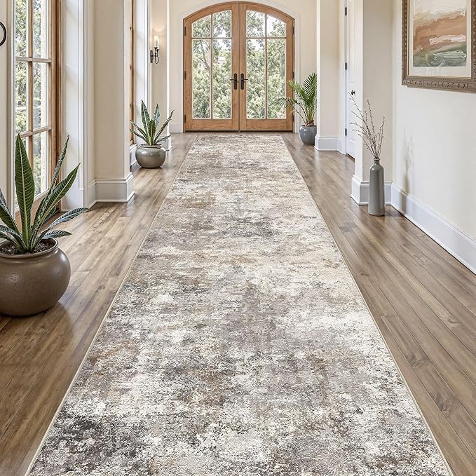 UERMEI 3x16 Washable Runner Rug for Hallway, Non Slip Low Pile Kitchen Carpet, Neutral Modern Abstract Indoor Floor Mat for Entryway Laundry, Kid & Pet Safe High Traffic Area, Brown Grey