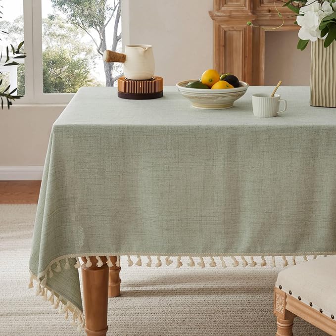 Linen Tablecloth with Tassels, Farmhouse Style Green Tablecloth, Water Resistant Burlap Tablecloths for Rectangle Table, 60x84 Inch Green
