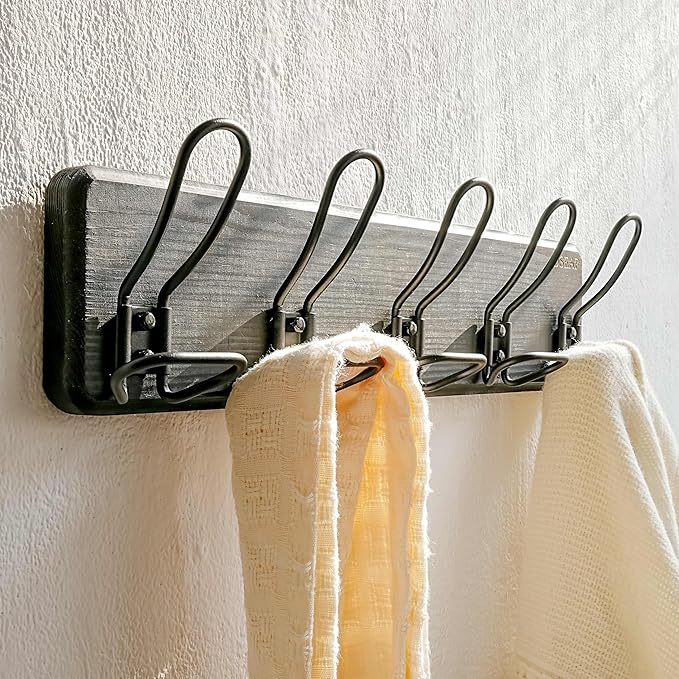 Dseap Coat Rack Wall Mounted - Heavy Duty Farmhouse Rustic Wall Coat Hanger with 5 Wire Hooks for Clothes Hat Jacket Towel, RusticWire, G25A, Black, Pack of 2