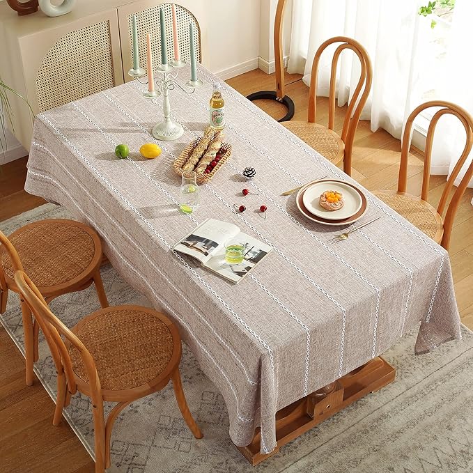 Chassic Square Tablecloth 60 x 60 Inch, Farmhouse Boho Linen Table Cloths, Wrinkle Free & Washable Tablecloths for Dining Tables, Neutral Kitchen & Dining Decor – Hemstitch Light Coffee