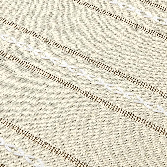 ZeeMart Hemstitched Embroidery Striped Boho Tablecloth 60x60 Inch Beige, Heavy Weight Farmhouse Burlap Linen Beige Tablecloth, Wrinkle Resistant Washable Table Cloth for Square Table