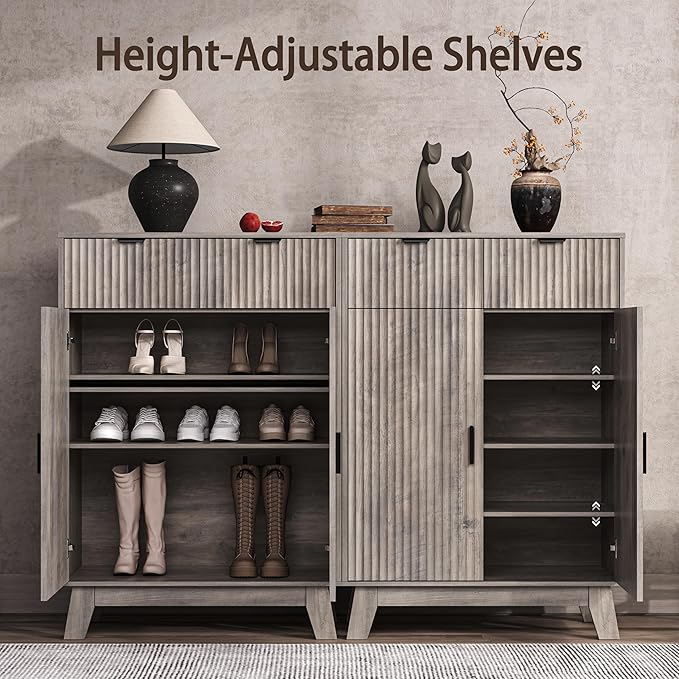 Fluted Shoe Cabinet, 4-Tier Mid Century Modern Narrow Shoe Storage Cabinet with Doors & 2 Drawers, Adjustable Shelves, Freestanding Hidden Shoe Rack Organizer & Wooden Legs for Entryway