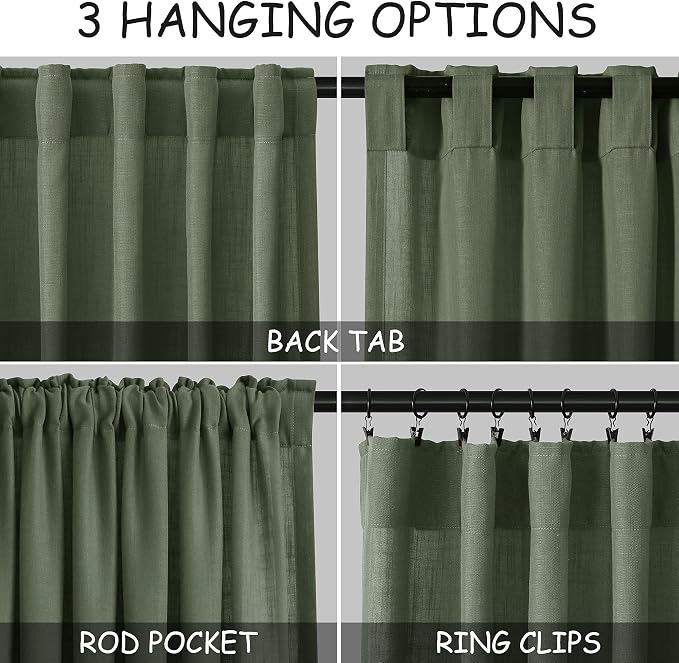 Nanspring 70 Inches Wide Olive Green Linen Curtains for Living Room 2 Panels Set 90 Inch Length Back Tab Light Filtering and Breathability Semi Sheer Curtain for Bedroom 70x90