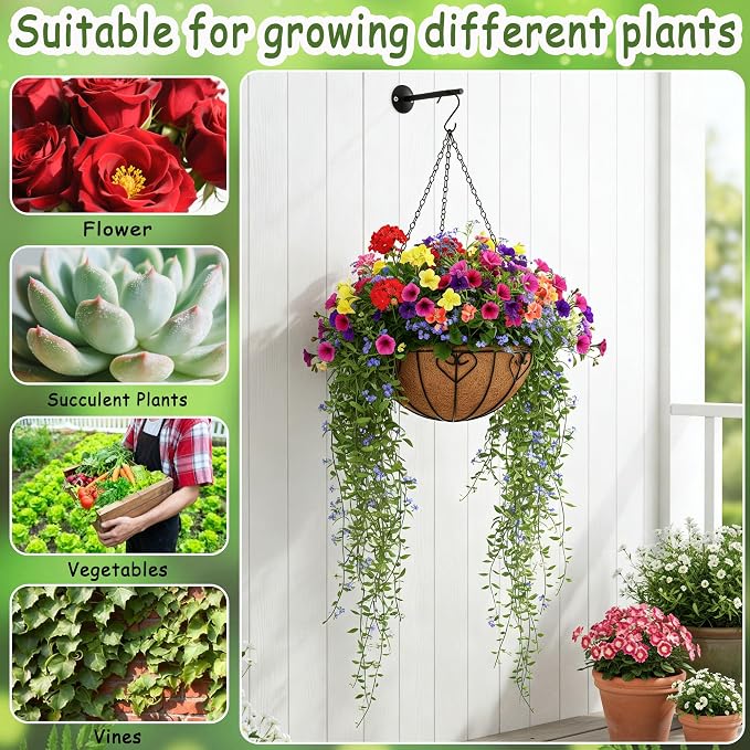 4pcs 14 inch Metal Hanging Baskets Round Wire Plant Stand with Coco Lining Cushion Decorative Planter Hanger Garden Indoor Outdoor Watering Hanging Basket （AX）