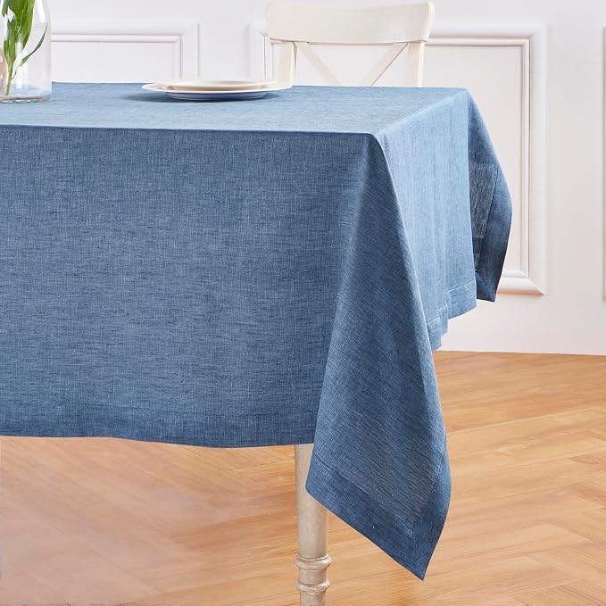 Solino Home Linen Tablecloth 60 x 108 Inch - 100% Pure Linen Blue Denim Table Cloth for Rectangular Tables - Athena, Machine Washable Cloth Tablecloth for Summer