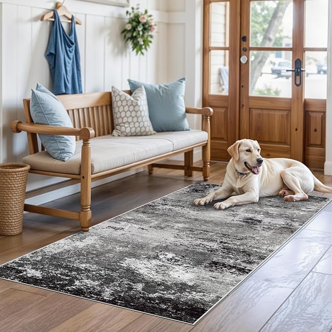3x5 Washable Entryway Rug – Non-Slip Rubber Backed Small Area Rug for Kitchen, Bedroom, Living Room, Office – Soft Low-Pile Thin Modern Abstract Neutral Throw Rug （Black Grey,3x5）