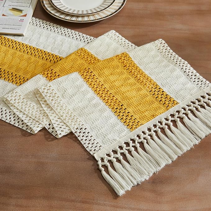 ZeeMart Macrame Style Bicolor Stitching Table Runner, 14 x 72 Inch Mustard/Ivory, Boho Yellow Table Runners 72 Inches Long, Farmhouse Woven Home Decor