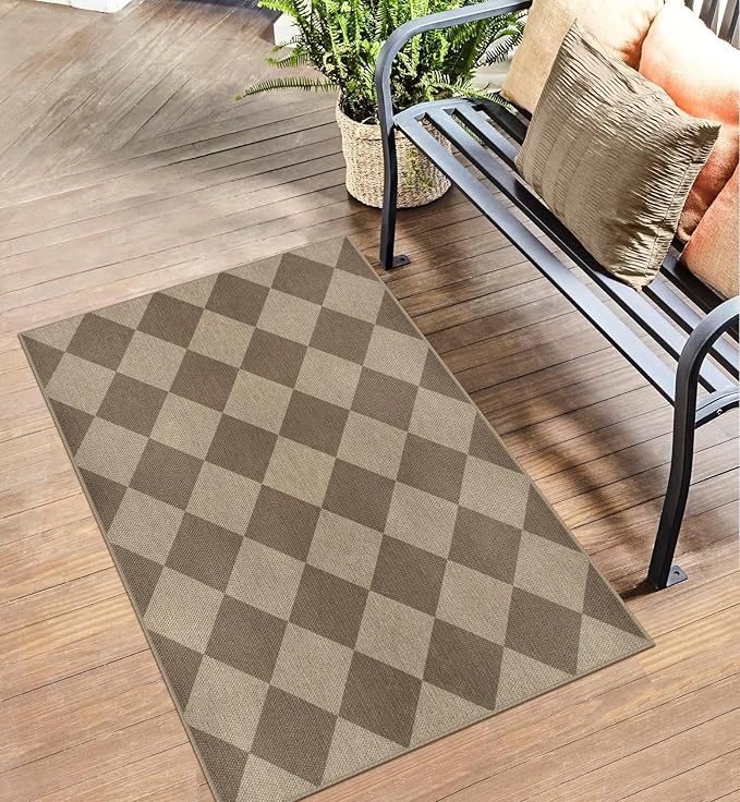 Rugalia Easy Jute Checkered Entryway Rug, 2.6x4 Brown Modern Indoor Outdoor Doormat, Washable Non-Slip Neutral Kitchen Rug Farmhouse Diamond Throw Rugs for Entrance Bedroom Bathroom