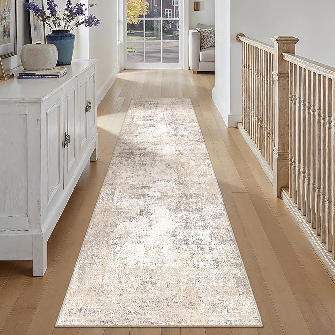 2x14 Washable Runner Rug Beige Grey Abstract Non Slip Soft Low Pile Hallway Kitchen Rug Neutral Modern Carpet for Laundry Bathroom Bedroom Living Room Home Decor