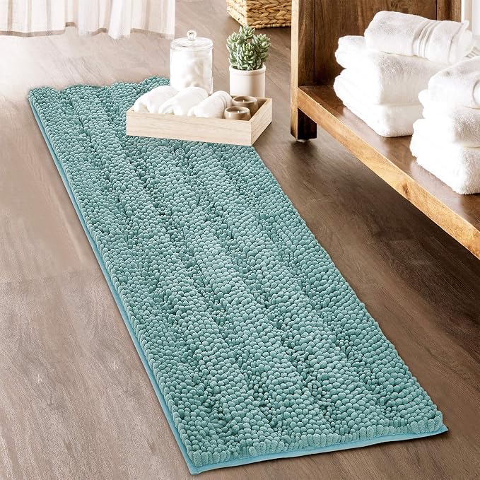 KGORGE Large Bathroom Rugs - Decorations Soft Bath Mat Water Absorbent Non-Slip Quick Drying Thick Shaggy Chenile Bathtub Set for Toilet Kitchen Entryway, Aqua, 60" x 24", 1 Piece
