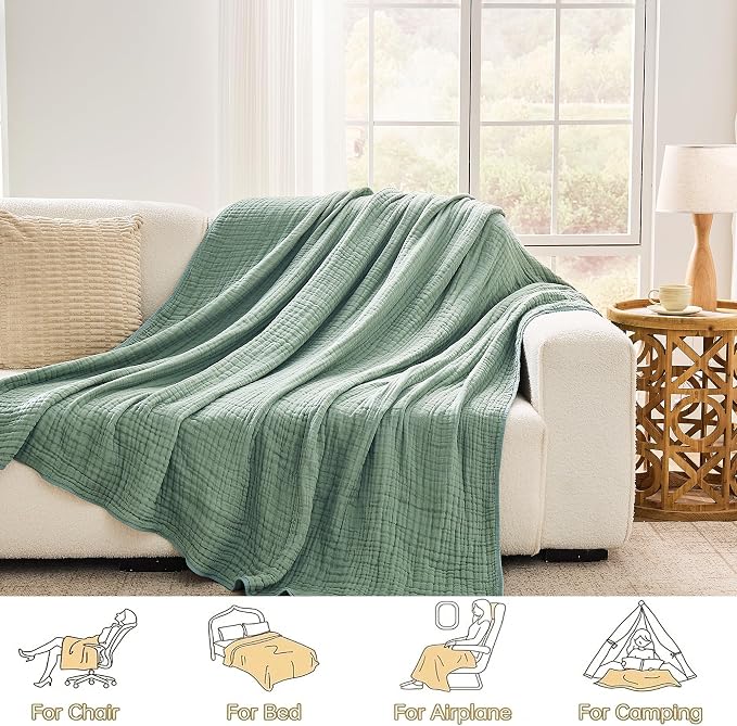 VANJOROY 9-Layer Muslin Throw Blanket Twin 60" x 80" Teal, 100% Cotton Organic Breathable Lightweight Large Throw for Couch Bed Quilt and Bedspread - All Season Muslin Soft Gauze Blanket