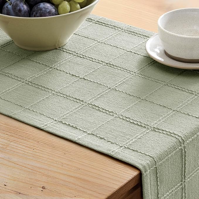 ZeeMart Linen Checked Farmhouse Table Runner, 13x108 Inches Seeding Green | Raised Grid Design, Rich Woven Texture, Linen Blend Table Runners 108 Inches Long, Machine Washable, Boho Home Kitchen Decor
