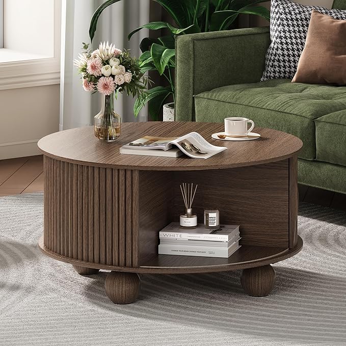 Round Coffee Table with Storage, 31.5" Mid Century Modern Coffee Table with Sliding Door & Bun Feet, Minimalist Fluted Center Table for Living Room, Home Small Space, Walnut