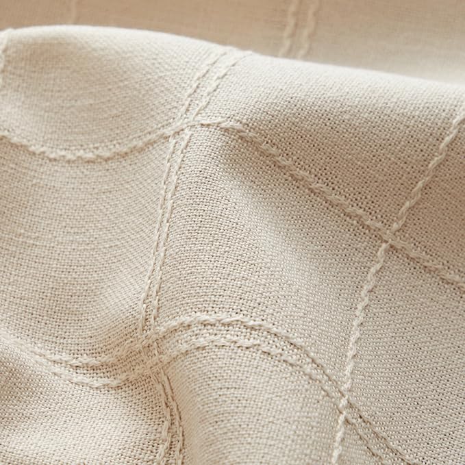 ZeeMart Linen Checked Table Cloth 52 Inches Round, Farmhouse Style Plaid Embroidered Water Resistant Table Cover, Beige