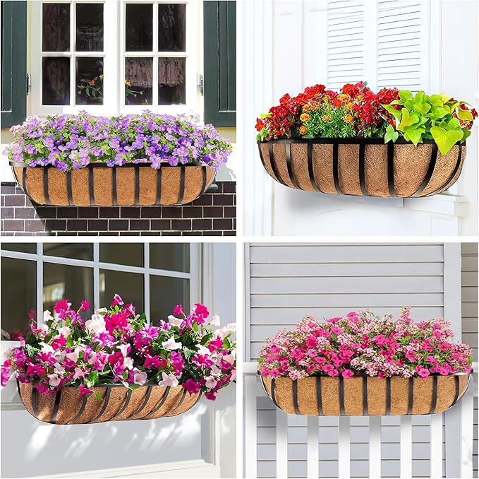 24" Railing Planter with Adjustable Brackets, Window Box with Coco Liner, Hanging Flower Metal Box for Indoor Outdoor, Balcony Deck Fence Porch Patio, Black, Set of 4