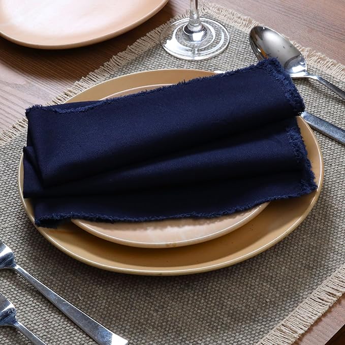 Palisa Premium Cotton Dinner Napkins Set of 4 | Navy Blue Frayed Edge Rustic Farmhouse Table Linen | Soft Washable Long Lasting Durable Cloth Serviettes for Wedding Dining Decor 18x18 Inch