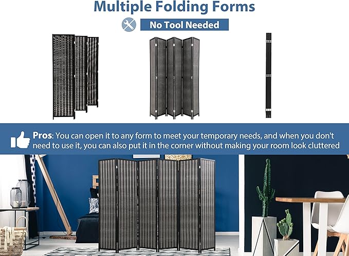 6 Panel Bamboo Room Divider 6 Ft Tall 8.8 Ft Wide Room Dividers and Folding Privacy Screens Privacy Wall Divider Folding Room Partitions and Dividers, Portable and Lightweight Separadores De Cuartos