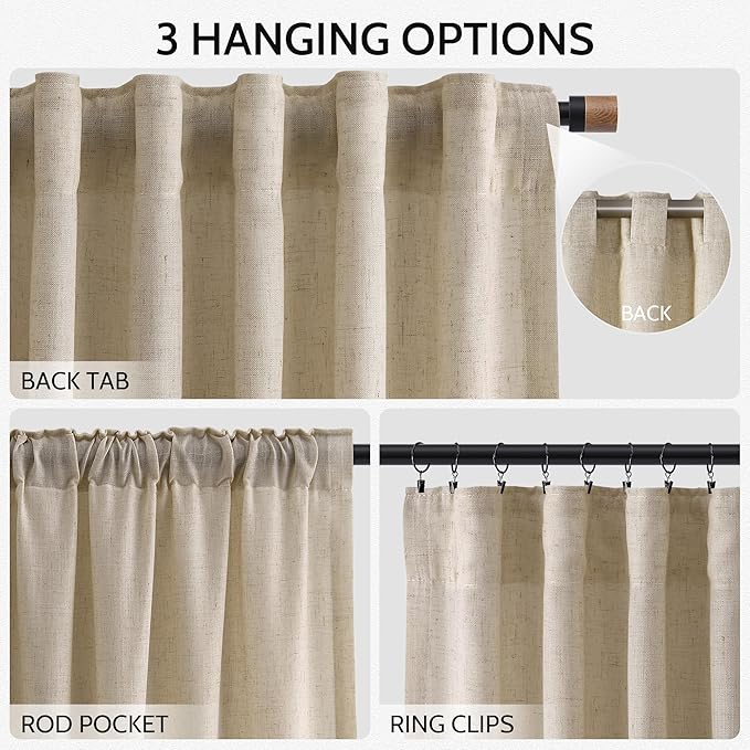Nanspring Taupe Burlywood Curtains 102 Inches Long for Living Room Linen Light Filtering Rustic Farmhouse Decor Curtains Back Tab Privacy Semi Sheer Curtain for Bedroom Office 52x102, 2 Panels