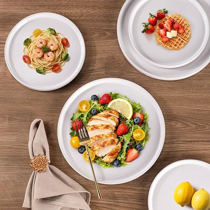 AmorArc Ceramic Dinnerware Set for 4 | Speckled Stoneware Plates and Bowls with unglazed terracotta | Scratch Resistant, Dishwasher & Microwave Safe Dishes Sets- 12-Pcs Milk White