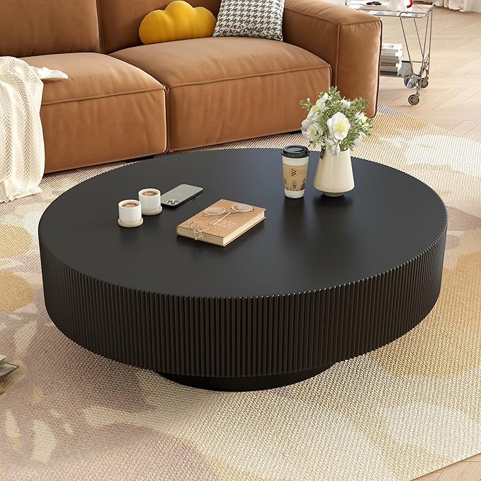 WILLIAMSPACE 31.5" Black Round Coffee Table with 6.8" Thick Tabletop & Sturdy Base, Modern Drum Center Table Circle Accent Side Table for Living Room, Minimalist Fluted Design, Black