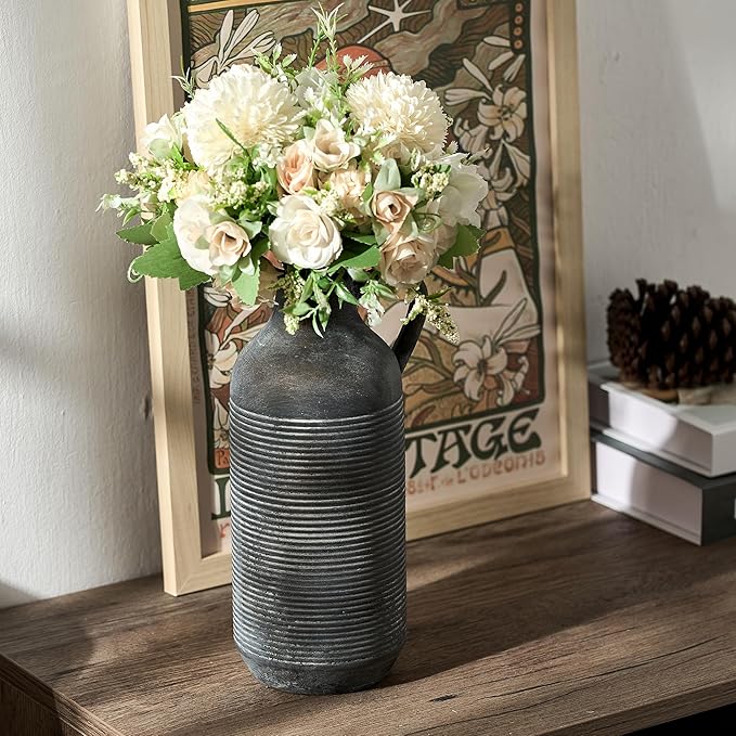 PORCER Ceramic Rustic Vase for Home Decor, Terracotta Vase with Handle, Handcrafted Vintage Decorative Flower Vase for Farmhouse, Living Room, Table, Fireplace, Nightstand - Black Bronze