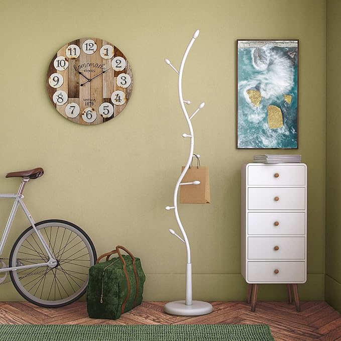 Versa Swindon Minimalist Style Coat Rack, with 9 Hooks for Clothing or Bags for The Hall, Measurements (H x L x W) 185 x 32 x 32 cm, Metal, Colour White