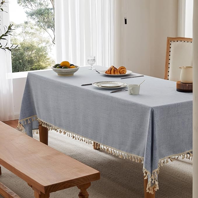 Linen Tablecloth with Tassels, Farmhouse Style Blue Tablecloth, Water Resistant Burlap Tablecloths for Square Table, 52x52 Inch Blue