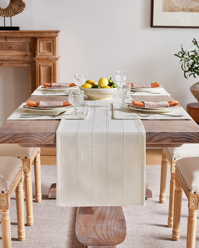 ZeeMart Linen Checked Farmhouse Table Runner, 13x36 Inches Ivory | Raised Grid Design, Rich Woven Texture, Linen Blend Table Runners 36 Inches Long, Machine Washable, Boho Home Kitchen Decor