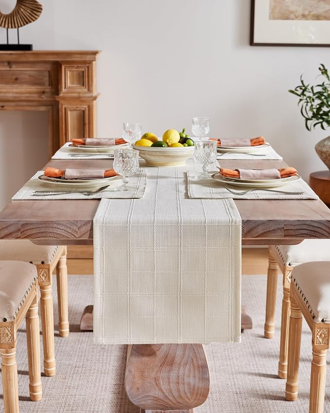 ZeeMart Linen Checked Farmhouse Table Runner, 13x48 Inches Ivory | Raised Grid Design, Rich Woven Texture, Linen Blend Table Runners 48 Inches Long, Machine Washable, Boho Home Kitchen Decor