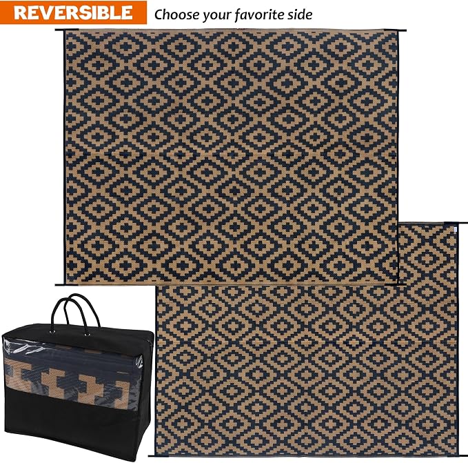 SAND MINE Reversible Mats, Plastic Straw Rug, Modern Area Rug, Large Floor Mat and Rug for Outdoors, RV, Patio, Backyard, Deck, Picnic, Beach, Trailer, Camping, Black & Brown, 8' x 10'