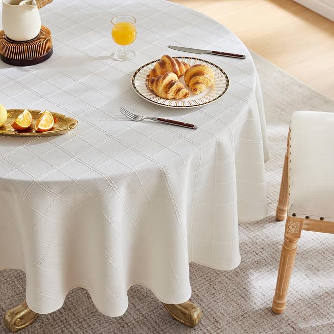 ZeeMart Linen Checked Table Cloth 60 Inches Round, Farmhouse Style Plaid Embroidered Off White Water Resistant Table Cover, Ivory