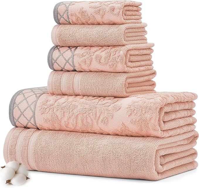 Modern Threads 6 Piece Cotton Bath Towel Set – Ultra Soft 550 GSM Towels – Bathroom Set with Hand Towels and Washcloths – Diamond Border (Blush)