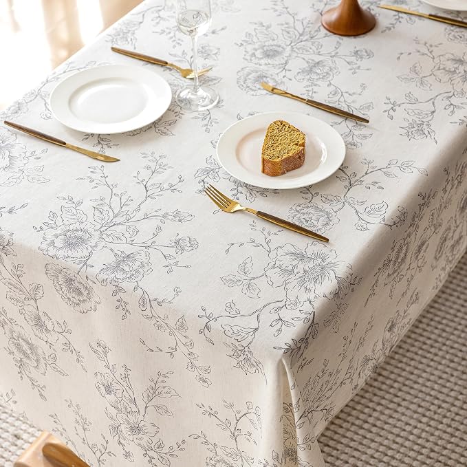 Floral Linen 55 x 120 inch Oval Table Cloth Wrinkle Resistant Vintage Farmhouse Long Tablecloth Gray Pattern Printed on Cream Tablecloth Rectangle Cottage Burlap Fabric Table Cover Home Decor Holiday