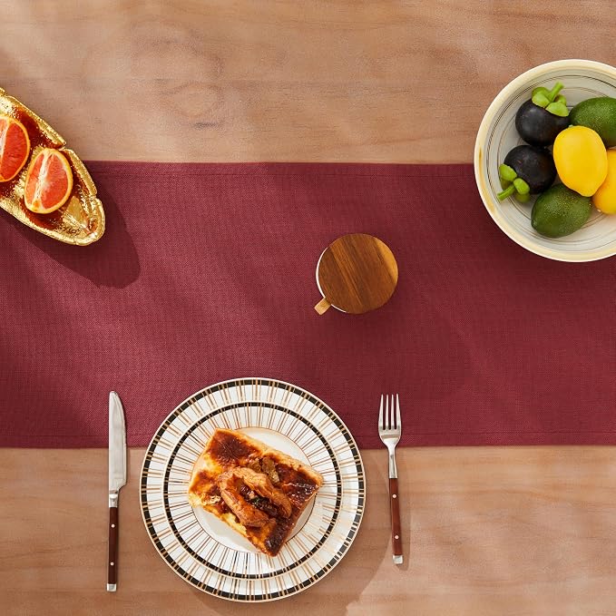 ZeeMart Rustic Cotton Linen Table Runner, 13x48 Inches Burgundy, Farmhouse Style Red Table Runners 48 Inches Long, Washable Kitchen Dining Table Decoration for Home Party Decor