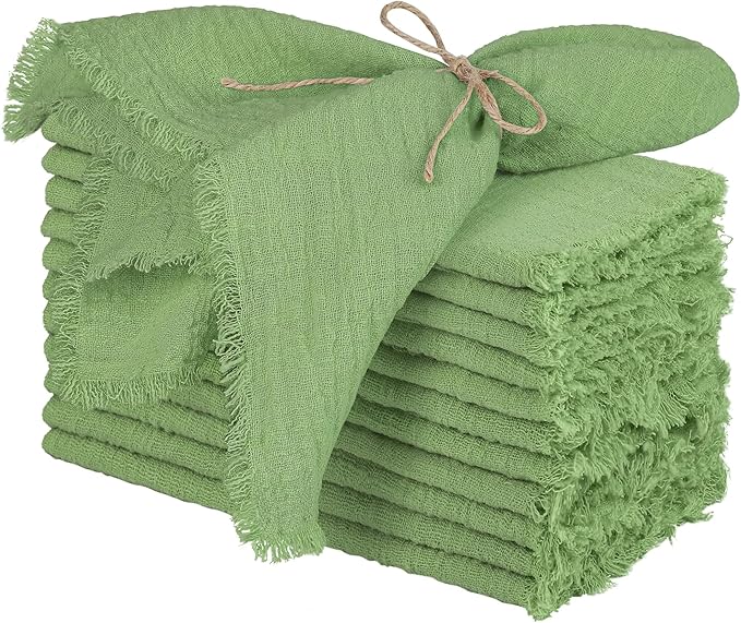 TURSTIN 12 Pieces Cotton Linen Cloth Napkin Handmade Cloth Napkin with Fringe 17 x 17 Inch Soft Dinner Wedding Napkins Square Rustic Fringe Table Napkins for Dinners, Parties, Weddings, Sage Green