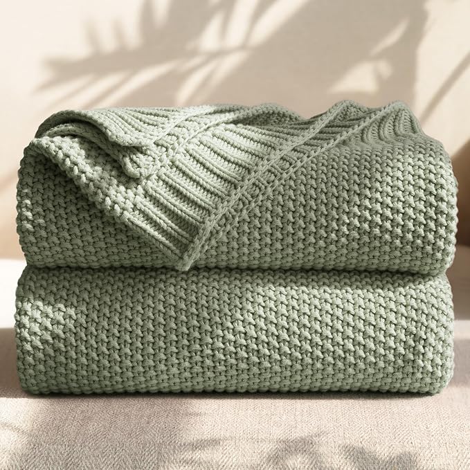 100% Cotton Cable Knit Throw Blanket, Large Lightweight Soft Knit Blanket for Sofa Couch Bed, Breathable All-Season Throw, Cozy Decorative Blanket, 60 x 80 Inch,Sage