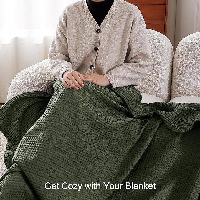 100% Egyptian Cotton Waffle Weave Blanket Twin Size for Bed, 320 GSM - Breathable and Soft for Spring Summer, Lightweight All Season Bed Blanket for Couch, Sofa (66x90 Inches, Olive Green)